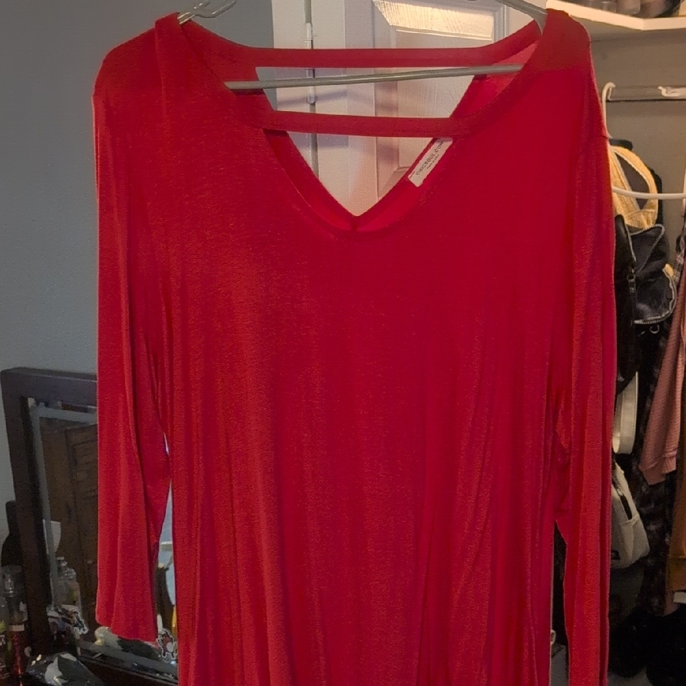 Red V-Neck Long Sleeve Tunic Top